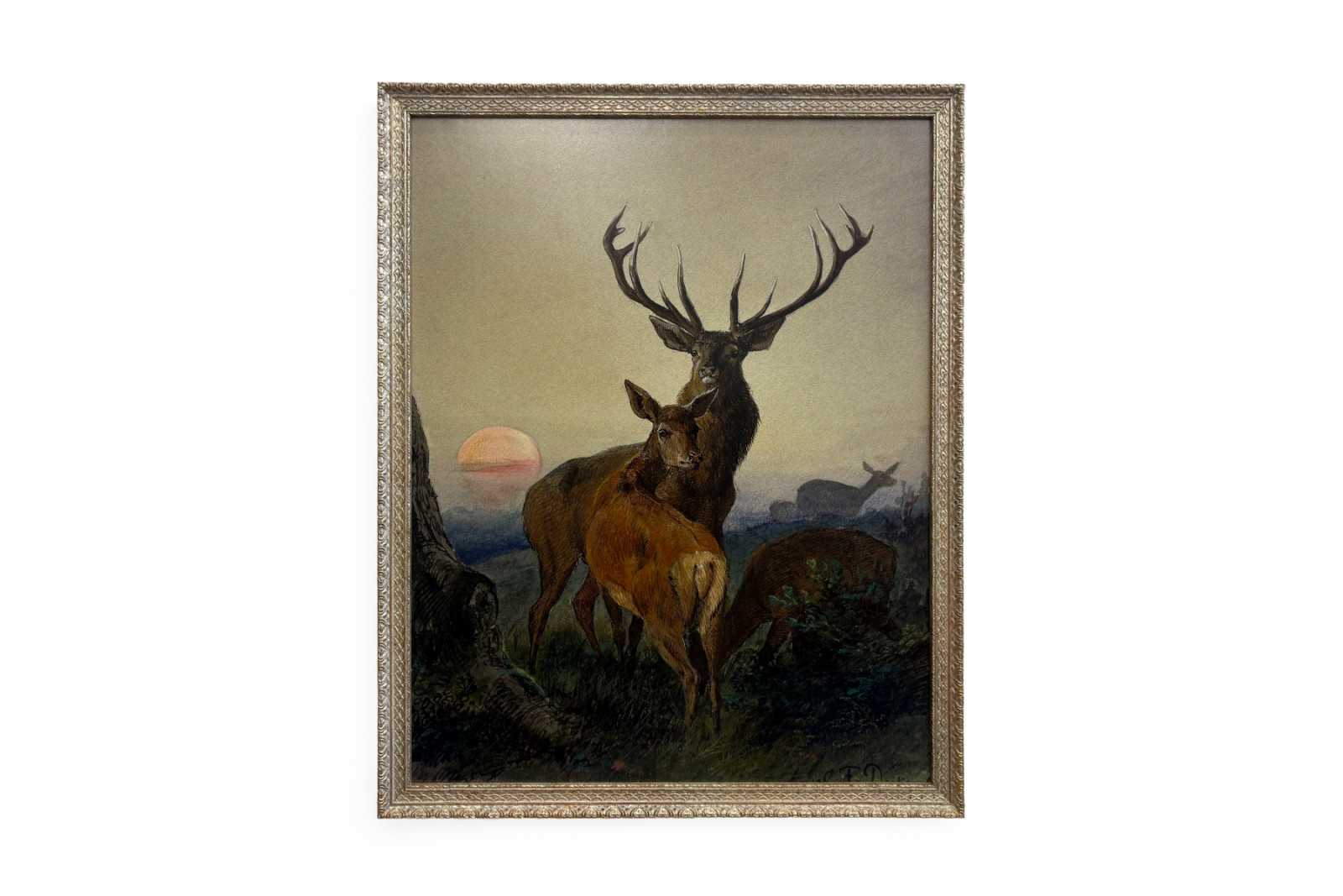 Een Hert met een Ree in een Bebost Landschap bij Zonsondergang - Carl Friedrich Deiker
