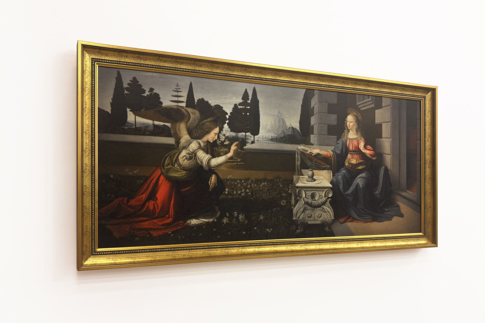 Italië Toscane Florence, Uffizi Galerij: De Annunciatie, schilderij door Leonardo da Vinci (1452-1519), ca. 1472-1475, 98x217 cm - Leonardo da Vinci