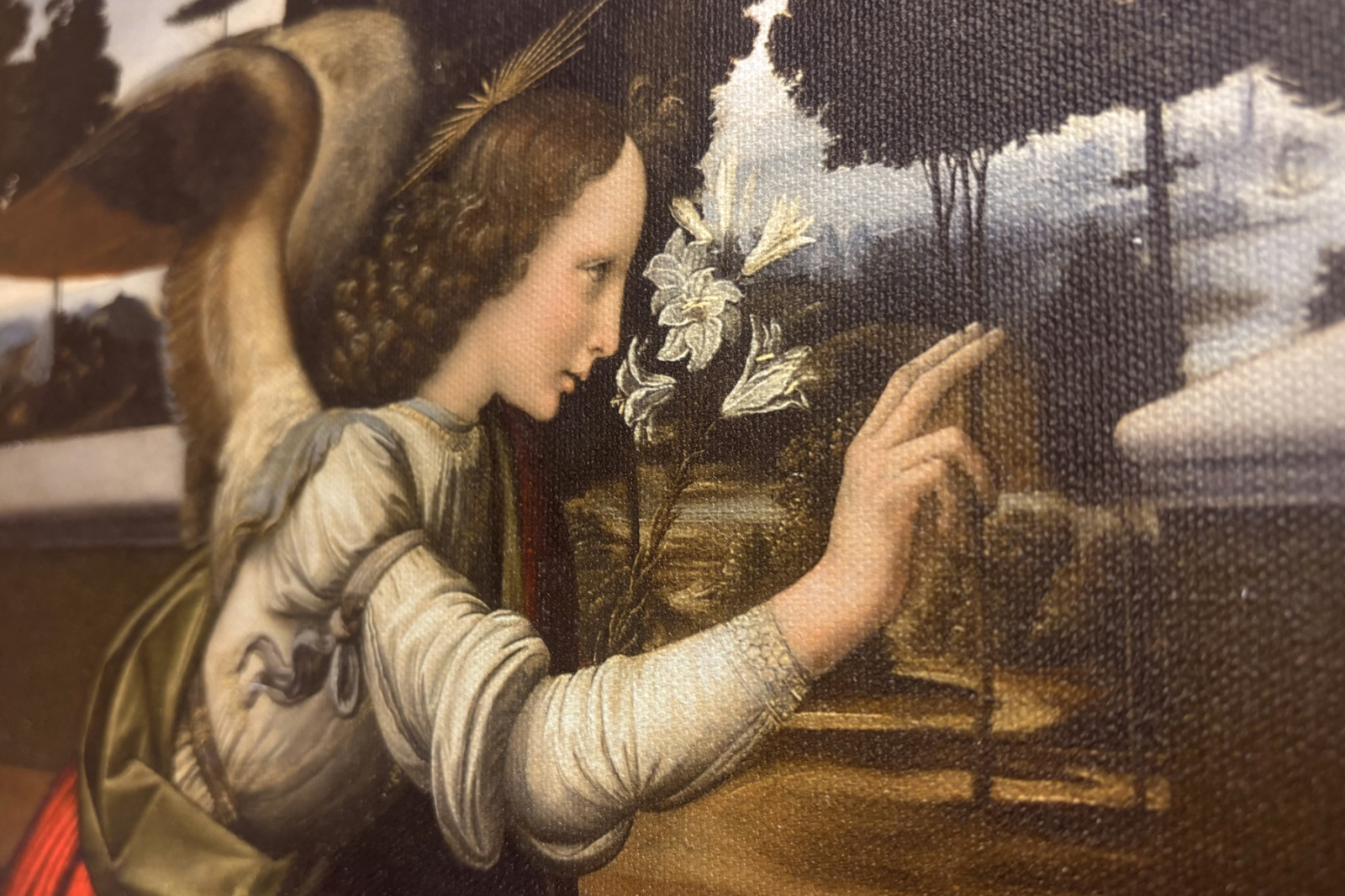 Italië Toscane Florence, Uffizi Galerij: De Annunciatie, schilderij door Leonardo da Vinci (1452-1519), ca. 1472-1475, 98x217 cm - Leonardo da Vinci
