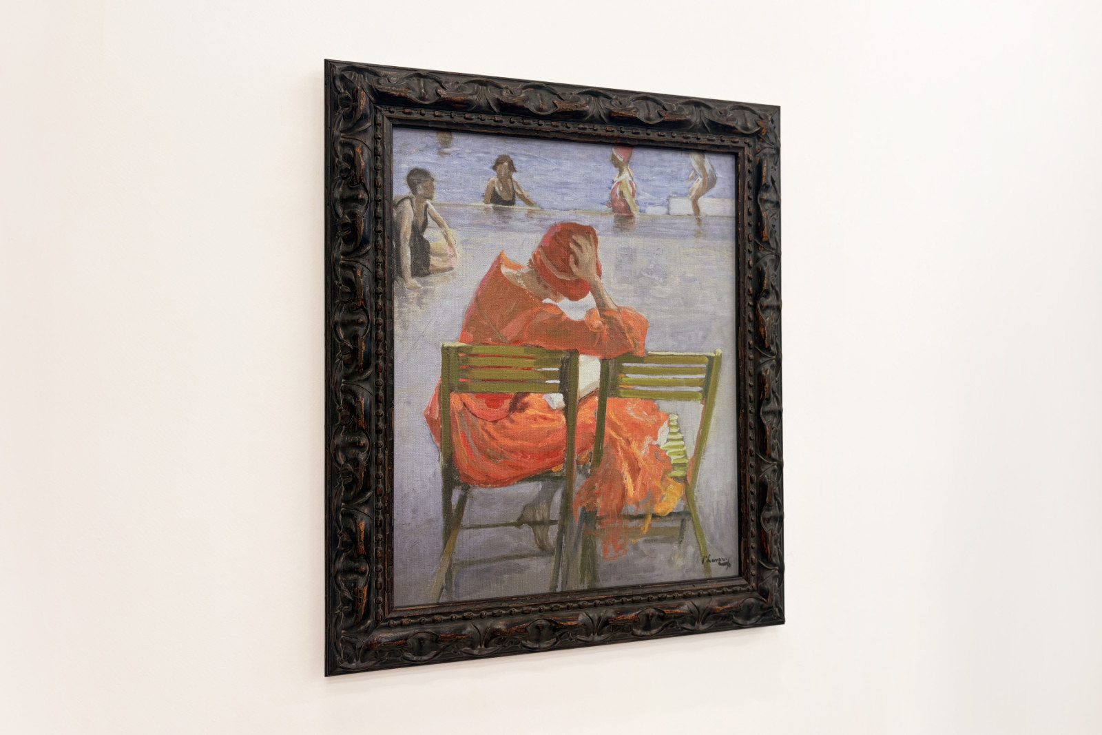 Meisje in een rode jurk leest bij een zwembad - John Lavery