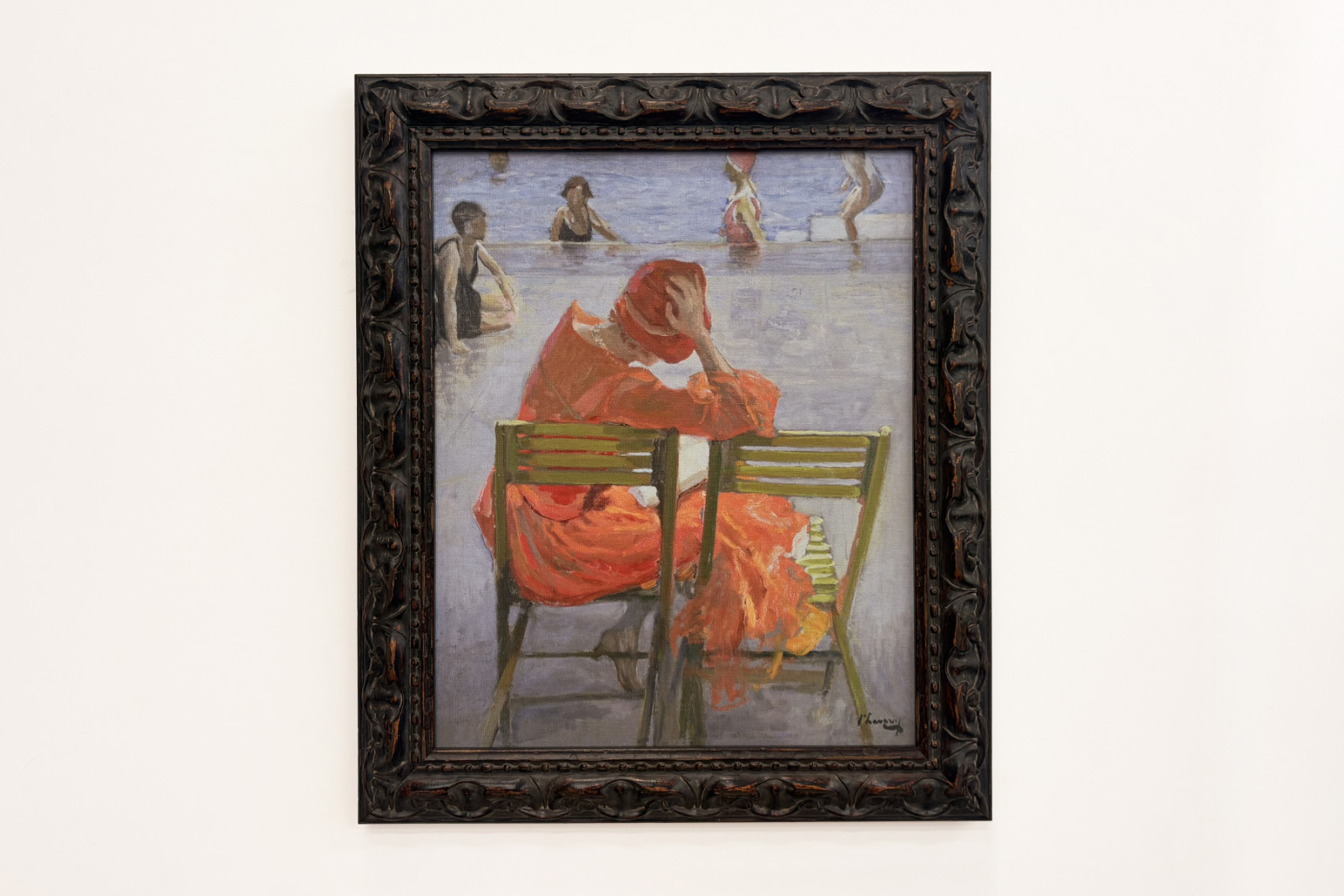 Meisje in een rode jurk leest bij een zwembad - John Lavery