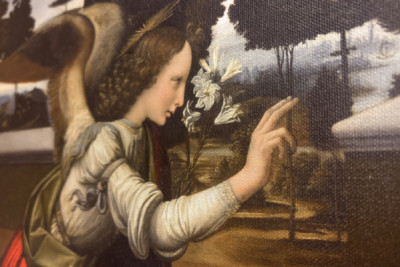 Italië Toscane Florence, Uffizi Galerij: De Annunciatie, schilderij door Leonardo da Vinci (1452-1519), ca. 1472-1475, 98x217 cm