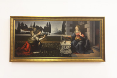Italië Toscane Florence, Uffizi Galerij: De Annunciatie, schilderij door Leonardo da Vinci (1452-1519), ca. 1472-1475, 98x217 cm