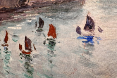 Etretat, Porte d'Aval: vissersboten die de haven verlaten