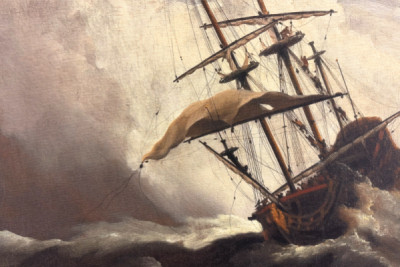 Een schip op volle zee, overvallen door een stormvlaag, bekend als ‘De windstoot’
