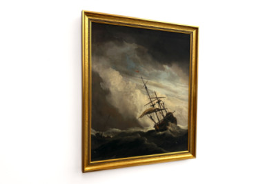 Een schip op volle zee, overvallen door een stormvlaag, bekend als ‘De windstoot’