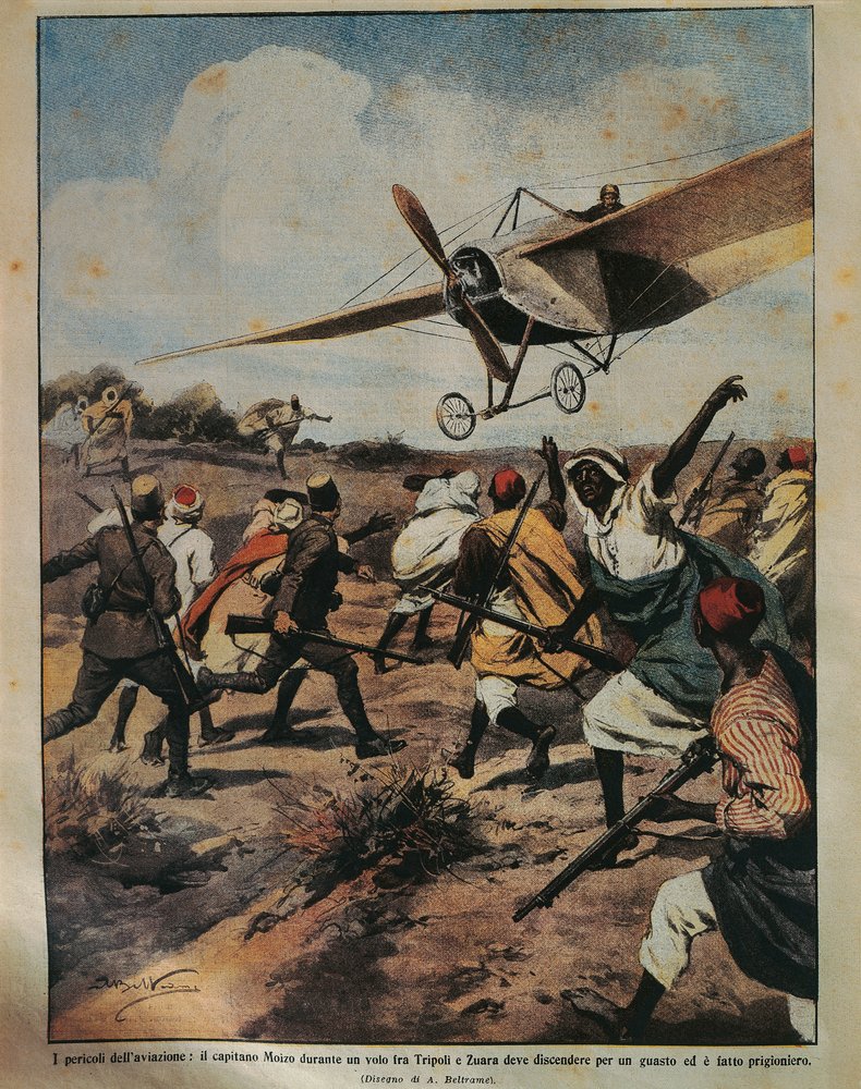Omslagillustratie van Kapitein Moizo die een noodlanding probeert tijdens de Afrikaanse campagne, door Achille Beltrame, uit La Domenica del Corriere, 22 september 1912 door Achille Beltrame