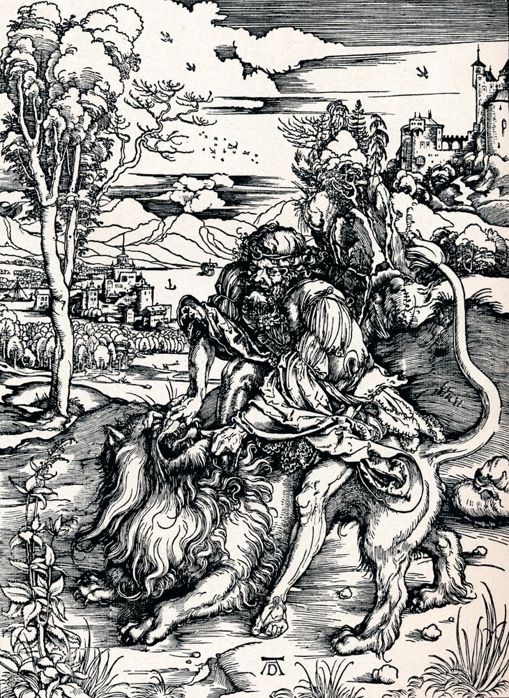 Simson verscheurt de leeuw, 1497 1906 door Albrecht Dürer