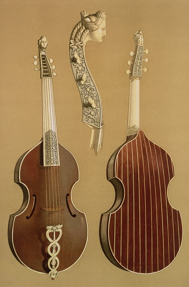 Viola da gamba, of basgamba, door Joachim Tielke (1641-1719), Hamburg, 1701, uit “Musical Instruments” door Alfred James Hipkins
