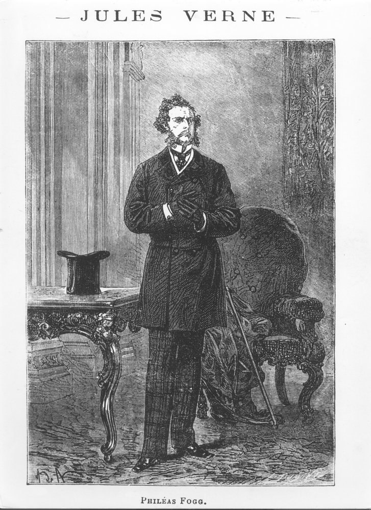 Portret van Phileas Fogg, illustratie uit «De reis om de wereld in tachtig dagen» van Jules Verne (1828-1905), gegraveerd door Louis Dumont (geb. 1822) door Alphonse Marie de Neuville