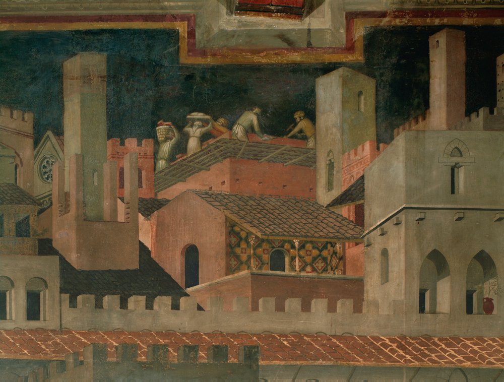 Bouwactiviteiten (muurschildering) door Ambrogio Lorenzetti