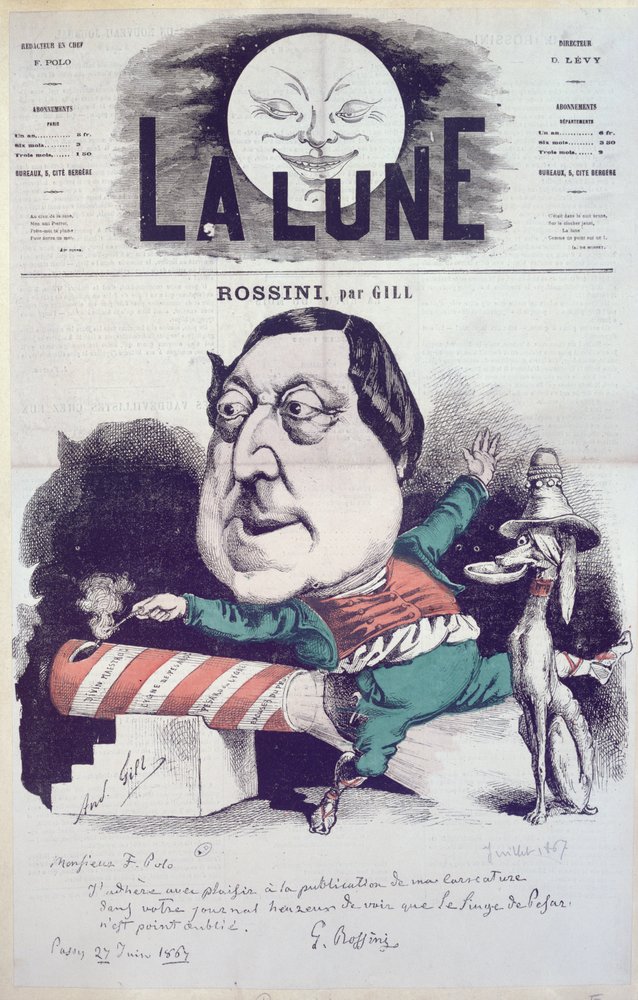 Voorpagina van het tijdschrift „La Lune“ met een karikatuur van Rossini, een boodschap en een handtekening van de componist, 27 juni 1867 door Andre Gill