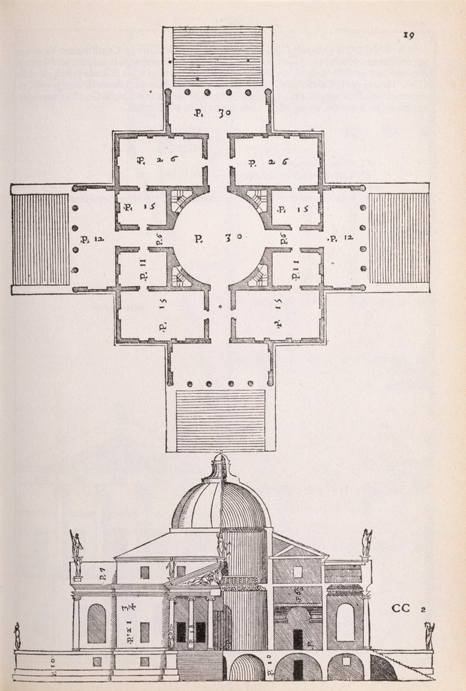 Plattegrond en dwarsdoorsnede van Villa Rotonda, illustratie uit een facsimile-exemplaar van Palladio