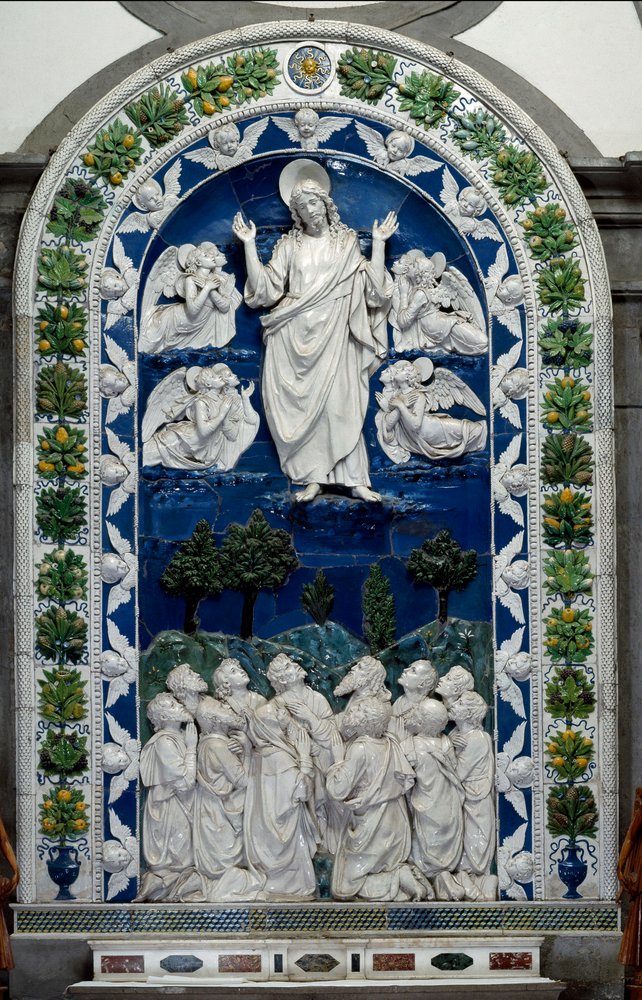 Hemelvaart van Jezus met Onze Lieve Vrouw en Elf Apostelen (laag keramisch reliëf) (circa 1490) (475 x 305 cm) Santuario della Verna, Italië door Andrea Della Robbia