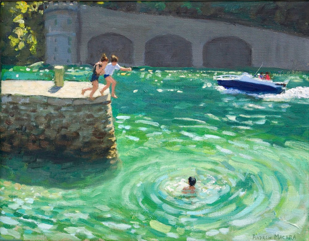 Springen van de havenmuur, Looe, Cornwall (olieverf op doek) door Andrew Macara