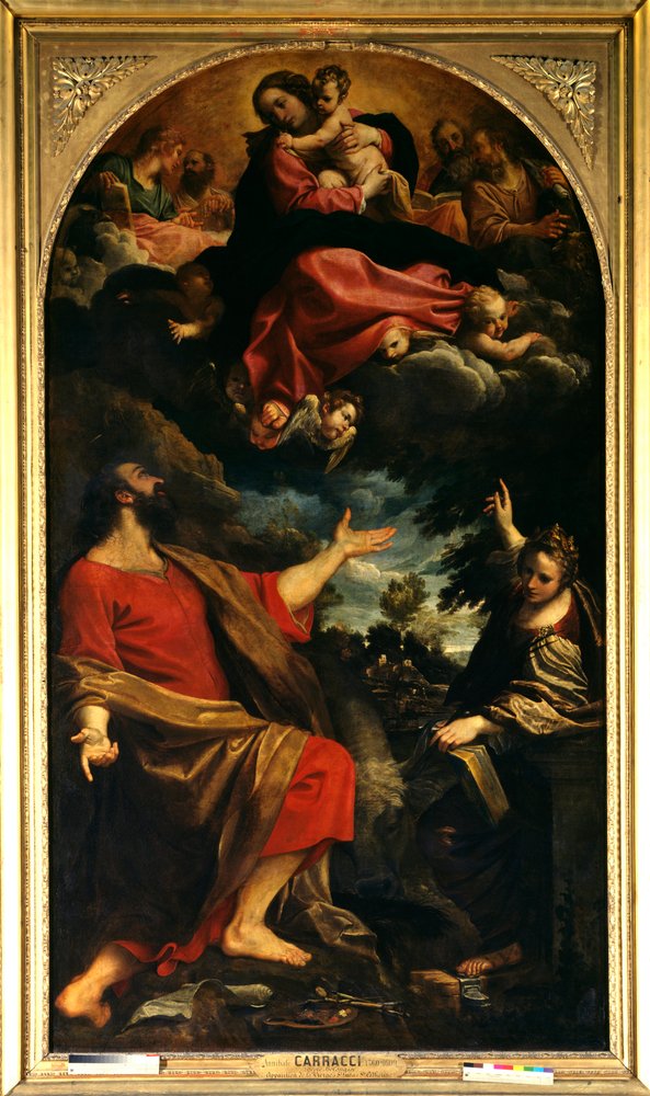 Verschijning van de Maagd aan de heilige Lucas en de heilige Catharina van Alexandrië. Schilderij van Annibale Carracci of Annibal Carrache (1560-1609). 1592. Zon. 2,26x4,01 m. Parijs, Musée du Louvre. door Annibale Carracci