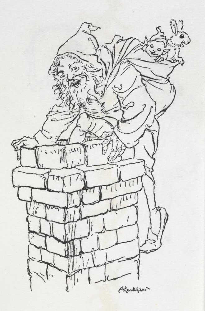 Kerstman die een schoorsteen in klimt met cadeaus door Arthur Rackham