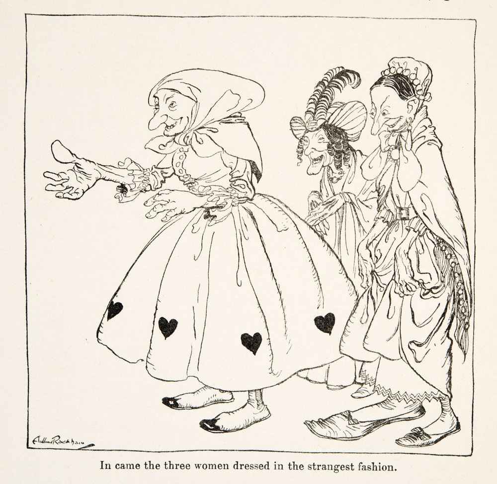 Toen kwamen de drie vrouwen binnen, gekleed in de vreemdste mode, uit Kleine Broer & Kleine Zus en Andere Verhalen door de Gebroeders Grimm, uitgegeven 1917 door Arthur Rackham