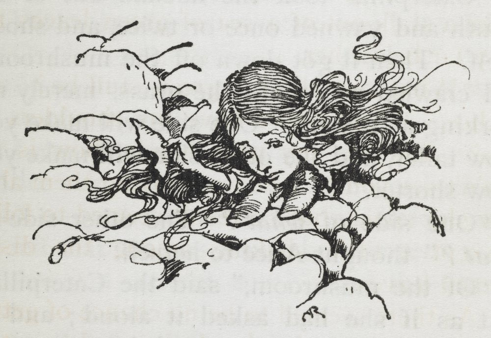 Gekrompen Alice na het eten van de paddenstoel van de Rups door Arthur Rackham