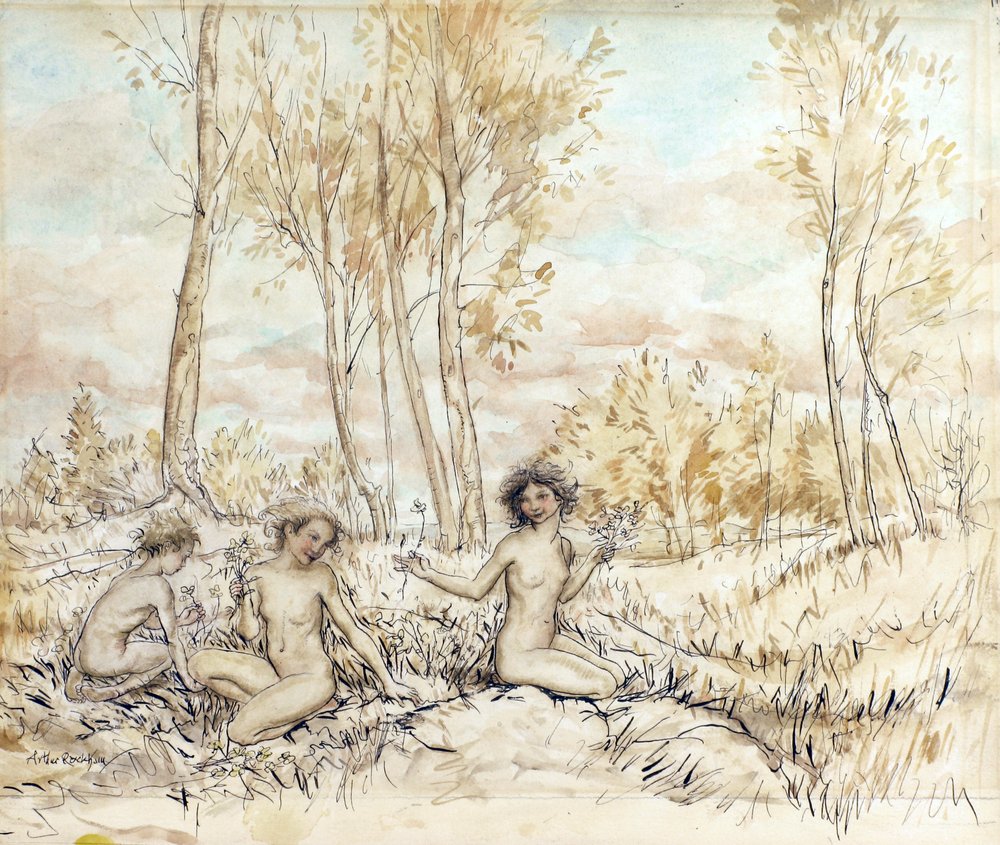 Drie Houtnimfen die Bloemen Verzamelen | Arthur Rackham