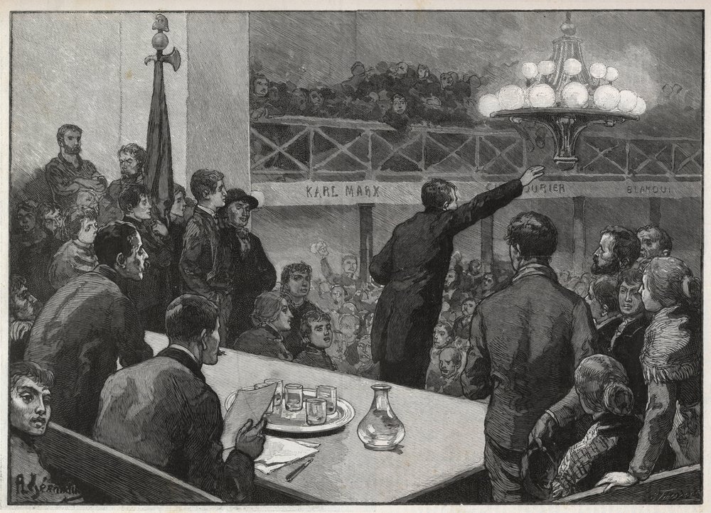 Vergadering voor de staking bij de Vooruit in 1885 - gravure in 1885 