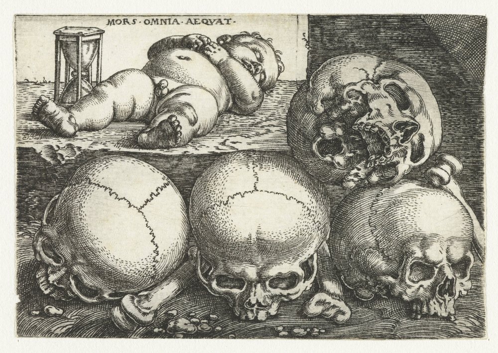Slapend kind met zandloper en vier schedels | Barthel Beham