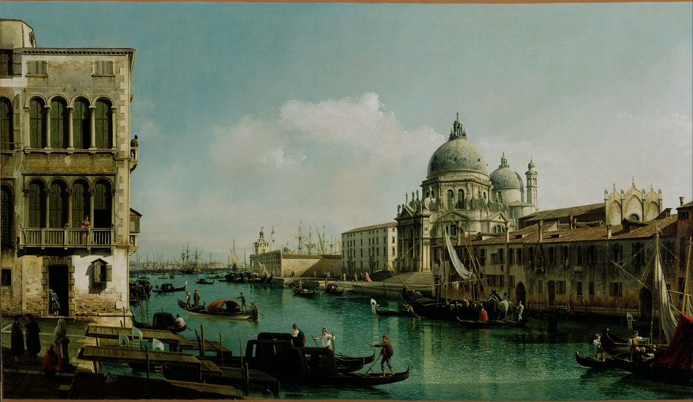 Uitzicht op het Canal Grande: Santa Maria della Salute en de Dogana vanaf Campo Santa Maria Zobenigo door Bernardo Bellotto