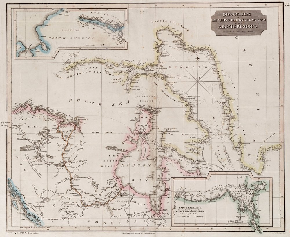 Kaart met ontdekkingen van Ross, Parry en Franklin in het Noordpoolgebied tijdens 1818-1827, c.1830 door British School