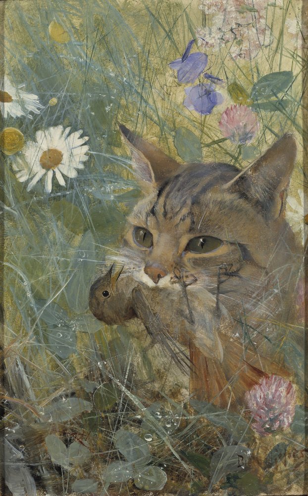 Een Kat met een Jonge Vogel in zijn Bek, 1885 door Bruno Andreas Liljefors
