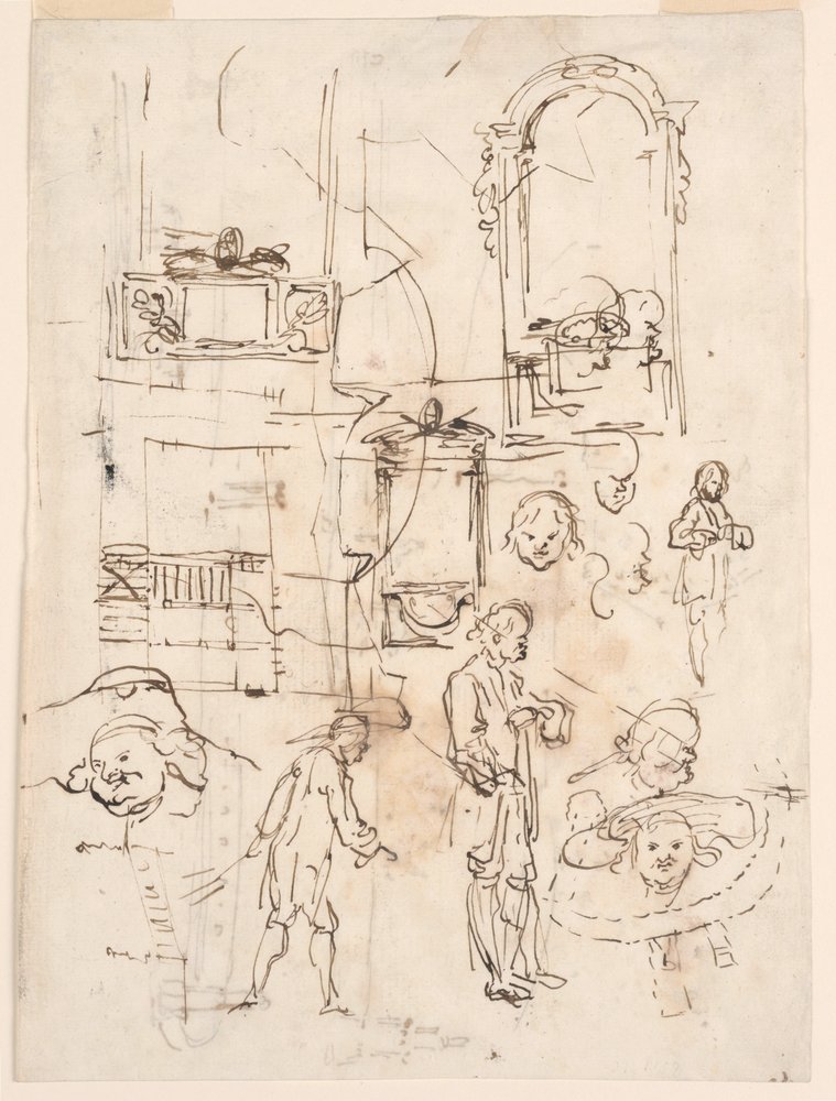 Tekening, Architecturale en Figurale Schetsen, ca. 1760 door Carlo Marchionni