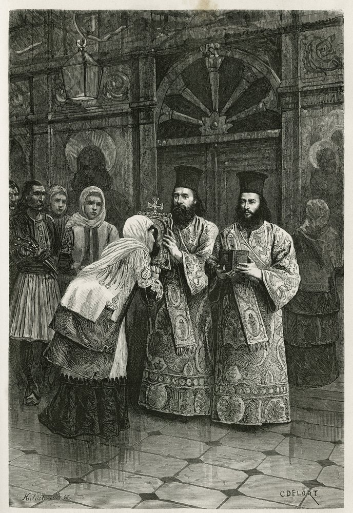Priesters die heilige afbeeldingen aanbieden om te kussen, gravure van Ch. Delort ter illustratie van Henri Belles reis naar Griekenland in 1861, 1868 en 1874, gepubliceerd in Le Tour du monde onder leiding van Édouard Charton door Charles Edouard Delort