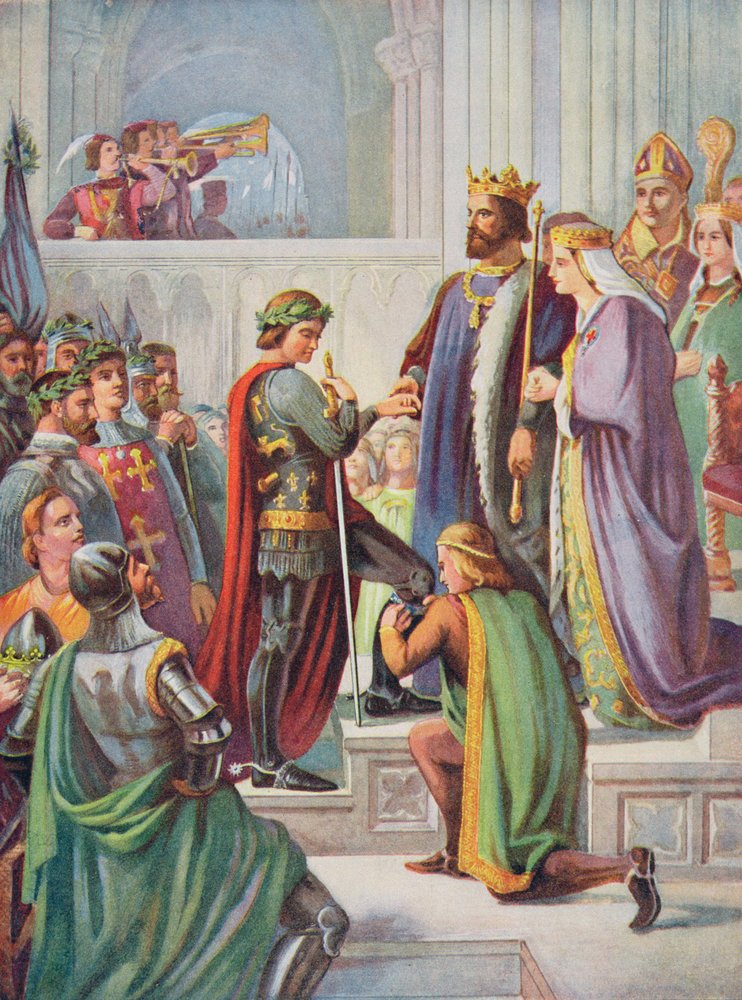 De inhuldiging van de Zwarte Prins (1330-76) als ridder in de Orde van de Kousenband, illustratie uit «Hutchinson