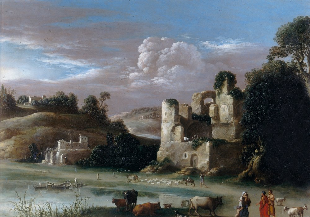 Landschap met ruïnes en herders door Cornelis van Poelenburgh or Poelenburch