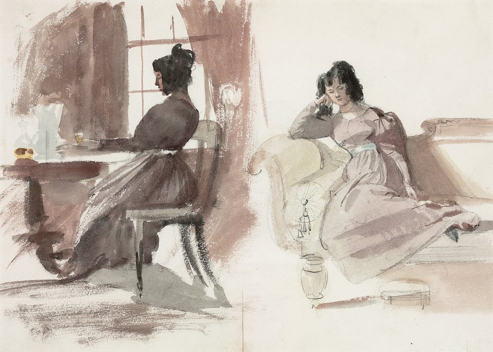 Studies van een jonge dame in een roze jurk, zittend aan haar bureau en zittend op een chaise longue door Daniel Maclise