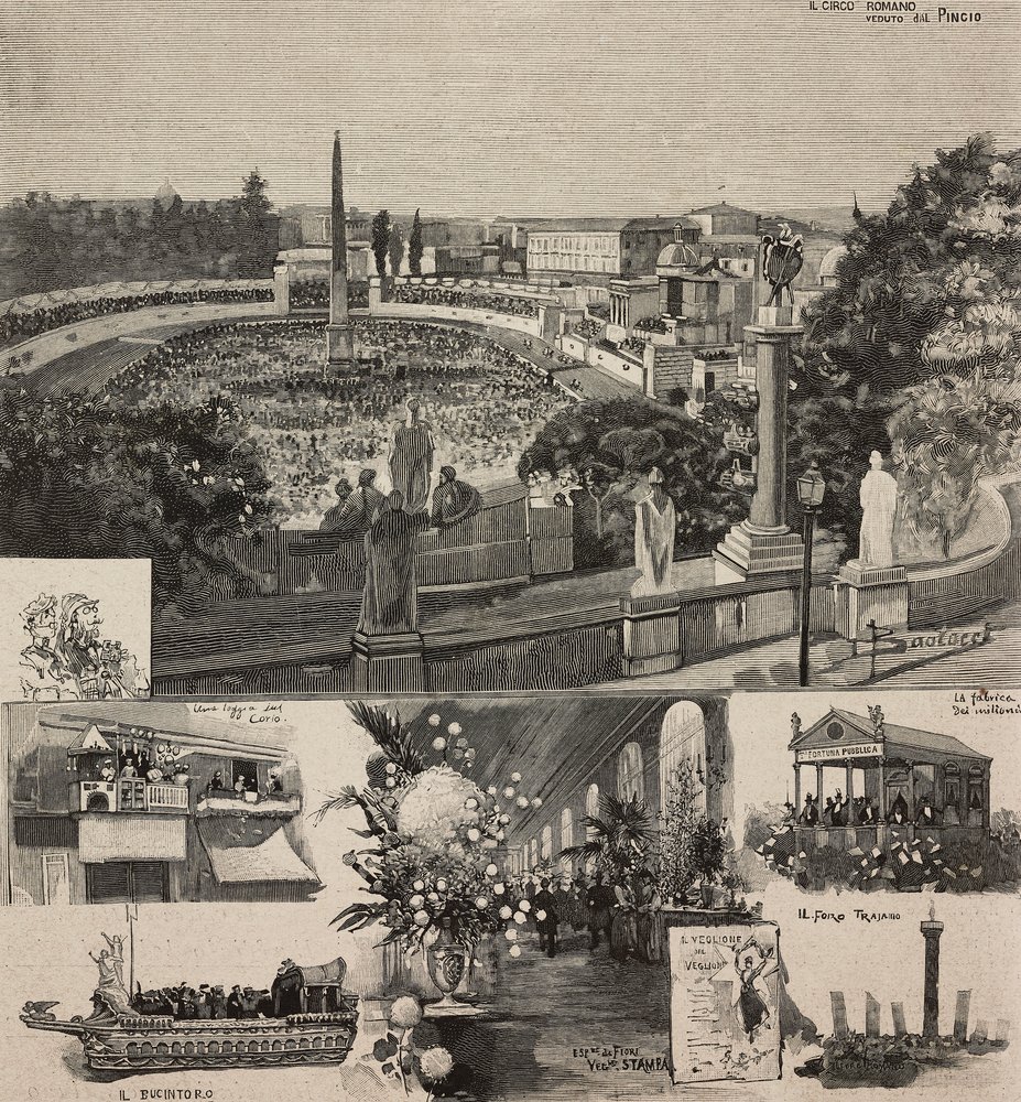Carnavalsfestival op Piazza del Popolo gezien vanaf de Pincio-heuvel, Rome, Italië, gravure naar tekening van Dante Paolocci, uit L
