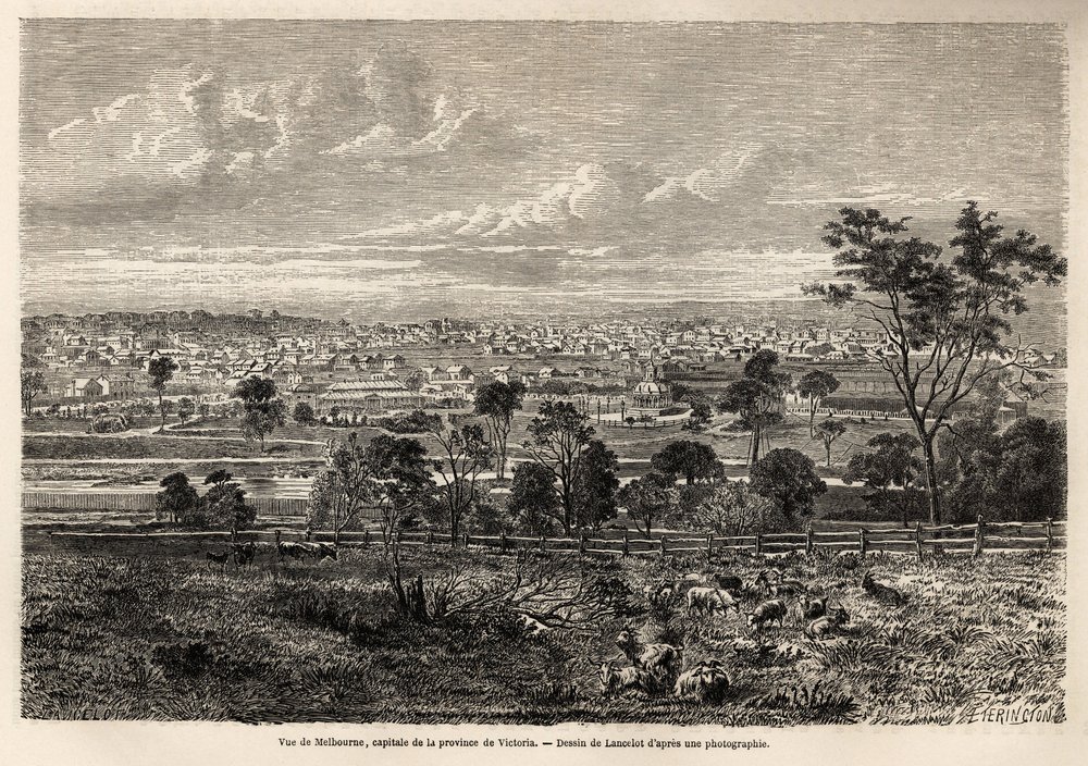 Uitzicht op Melbourne (Australië), tekening door Lancelot, ter illustratie van de herinneringen van een Franse squatter in Australië, in 1854-1859, door M. de Castella. Gravure in 