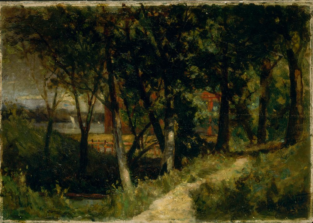 Naamloos landschap, bosscène met rode hek en gebouw door Edward Mitchell Bannister