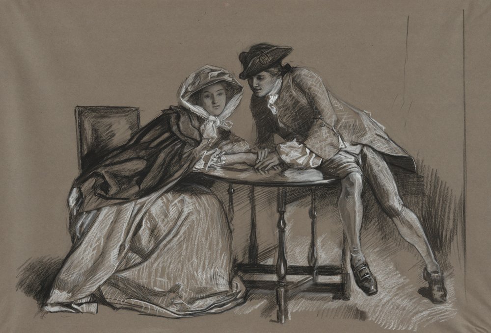 Studie. Dame en heer in gesprek aan een tafel door Edwin Austin Abbey