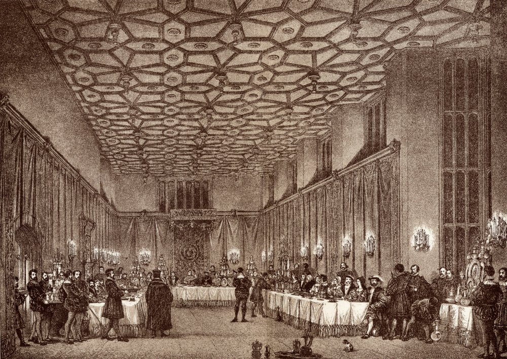 Kardinaal Wolsey vermaakt de Franse ambassadeurs in Hampton Court Palace, uit 