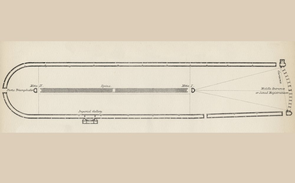 Grondplan van een typisch Romeins circus, uit De Nationale Encyclopedie, uitgegeven door William Mackenzie, Londen, eind 19e eeuw door English School