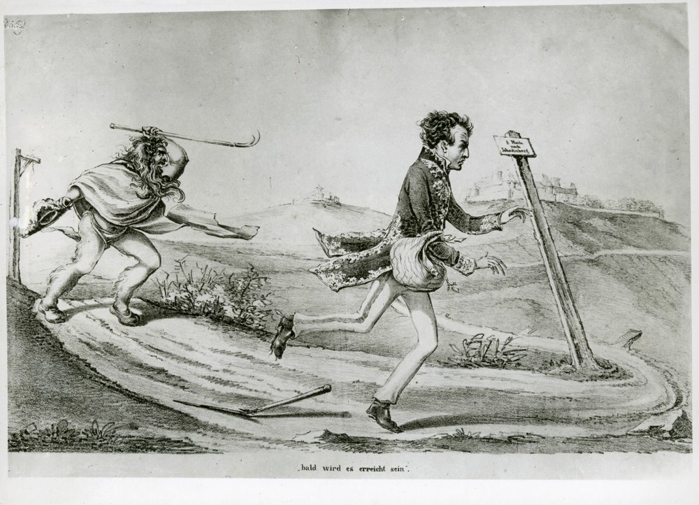 "Spoedig zal ik er zijn" karikatuur op de vlucht van prins Metternich door Erich Lessing