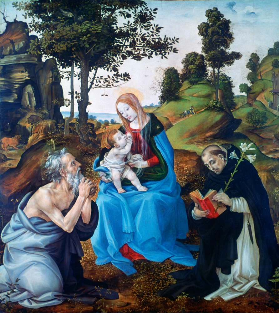 De Maagd en het Kind met de heiligen Hiëronymus en Dominicus, ca. 1485 door Filippino Lippi