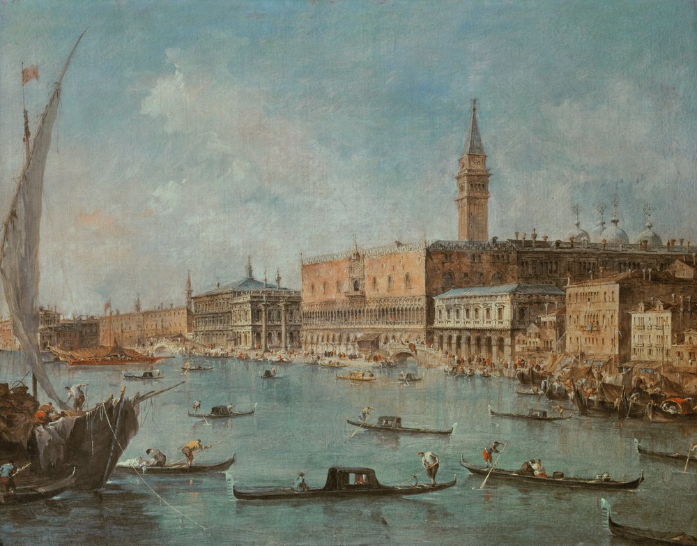 Het Dogenpaleis en de Molo vanuit het San Marcobekken, Venetië, ca. 1770 door Francesco Guardi