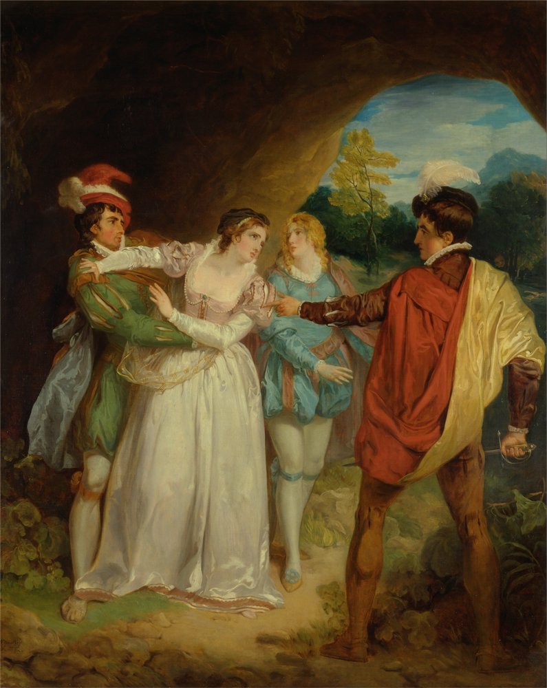 Valentine redt Silvia van Proteus, uit Shakespeares De twee edellieden van Verona, akte V, scène ... door Francis Wheatley