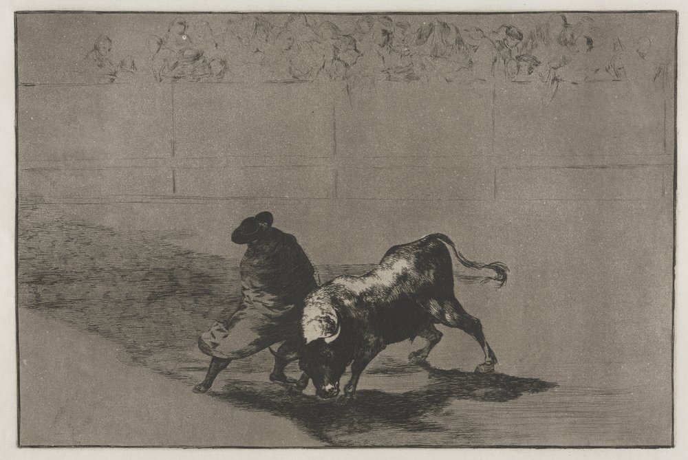 Stierengevechten: De Zeer Bekwame Student van Falces, Gewikkeld in zijn Cape, Bedriegt de Stier met de Beweging van zijn Lichaam door Francisco de Goya