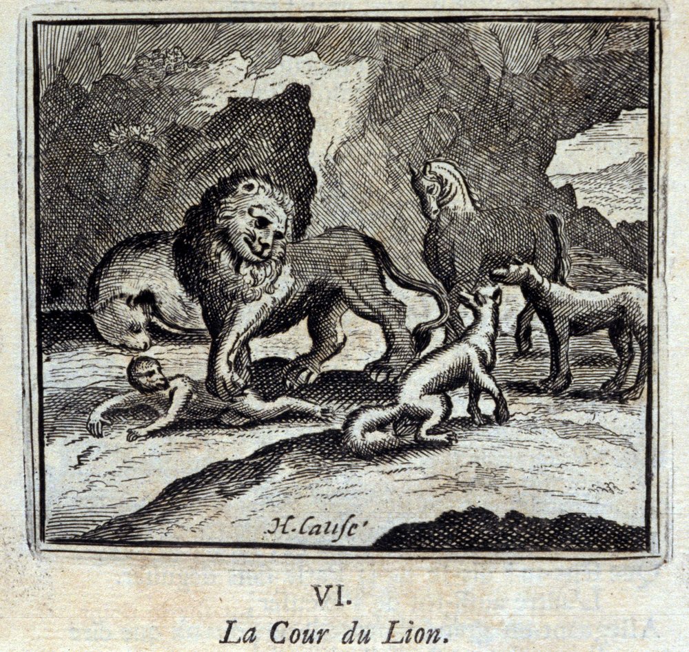 Het hof van de leeuw. Fabels door Jean de La Fontaine (1621-95). Illustratie door François Chauveau (1613-1676). Editie van 1728. door Francois Chauveau