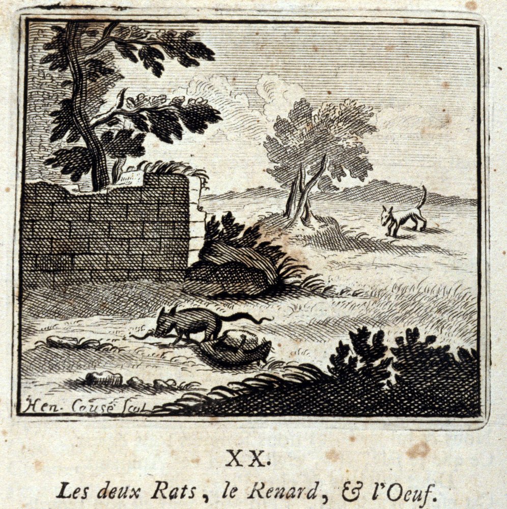 De twee ratten, de vos en het ei. Fabels van Jean de La Fontaine (1621-95). Illustratie door François Chauveau (1613-1676). Uitgave van 1728. door Francois Chauveau