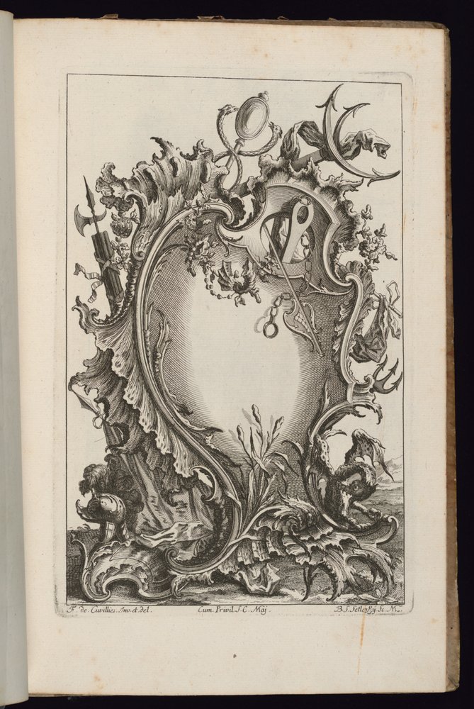 Cartouche met Mercuriusstaf, Livre de Cartouches Irréguliers (Boek van Onregelmatige Cartouches) door François de Cuvilliés the Elder