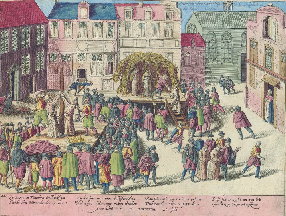 Executie in Brugge door verbranding van drie monniken voor sodomie, 28 juni 1578 door Franz Hogenberg