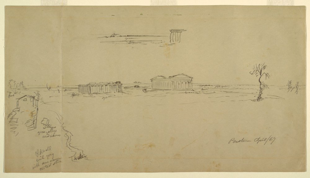 Tekening, Gezicht op de basiliek en de tempel van Neptunus, Paestum, Italië, april 1869 door Frederic Edwin Church